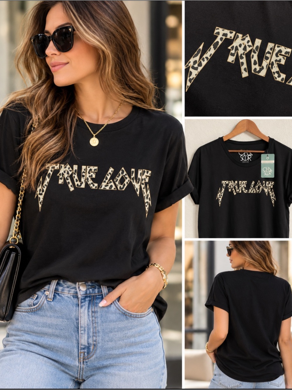 Women’s Black 'True Love' Leopard Logo Tee - Casual Short Sleeve